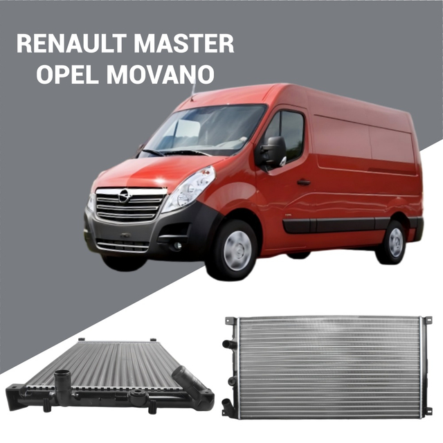 Radiateur OEM 7701049664 pour fourgons commerciaux Opel Movano (1999-2003) et Renault Master (2002-2013).