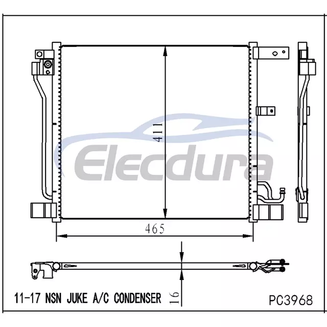921103DD0A Nissan Juke 2011–2017 A/C-Kondensatorbaugruppe, 16 mm Kern