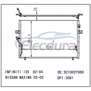 921002Y960 Infiniti I35 2002-2004 Condensador A/C N&uacute;cleo 16mm