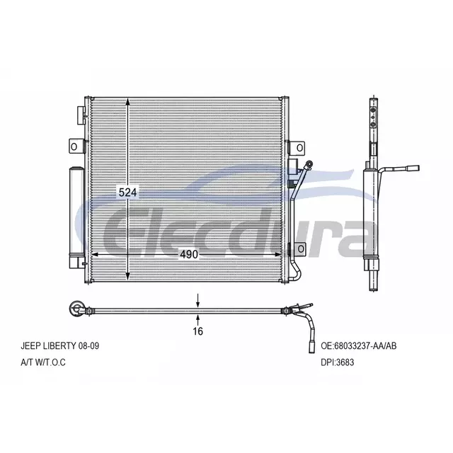 68033237-AA Jeep Liberty 2008-2009 Condenseur de climatisation noyau 16 mm