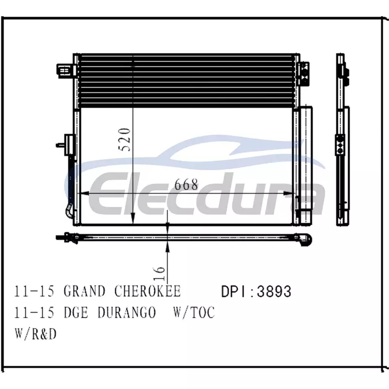 55038003AE Jeep Grand Cherokee 2011-2015 A/C Condensador 16mm N&uacute;cleo