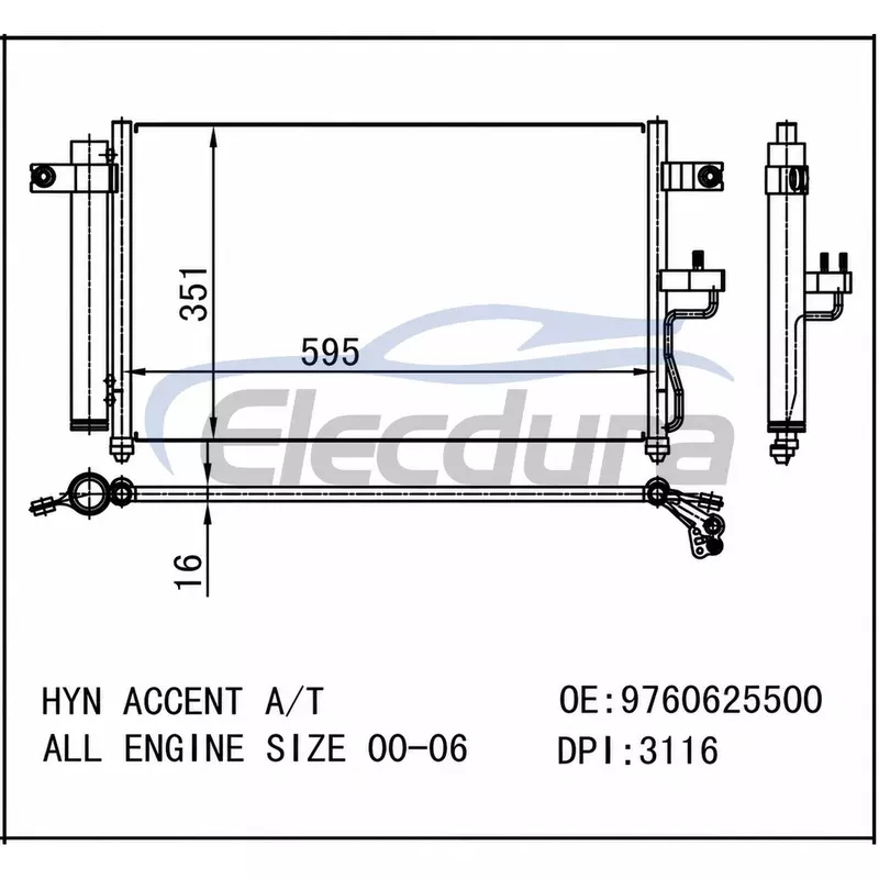 9760625500 n&uacute;cleo do condensador 16mm do A/C do acento 2000-2006 de Hyundai
