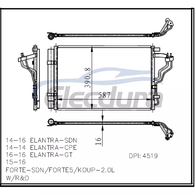 976063X601 Hyundai Elantra 2014-2017 Zesp&oacute;ł skraplacza klimatyzacji rdzeń 16 mm