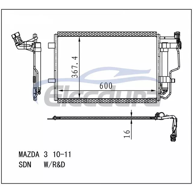 BBP261480C Mazda 3 2010-2013 Конденсатор кондиціонера з ресивером/осушувачем 16 мм сердечник