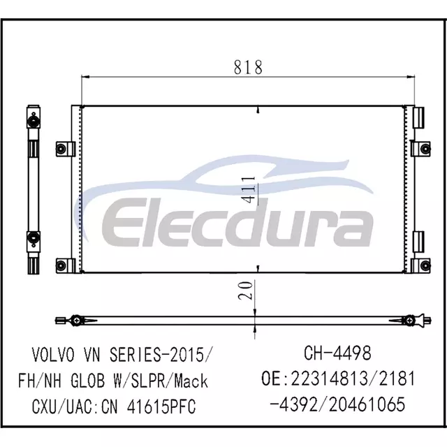 22314813 Volvo Vn Series 2015+ A/C kondensator 20 mm kerne
