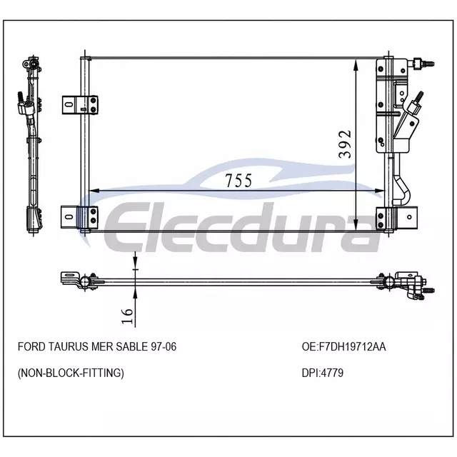 F7DH19712AA Ford Taurus Mer Sable 1997-2006 A/C kondensator 16 mm kerne
