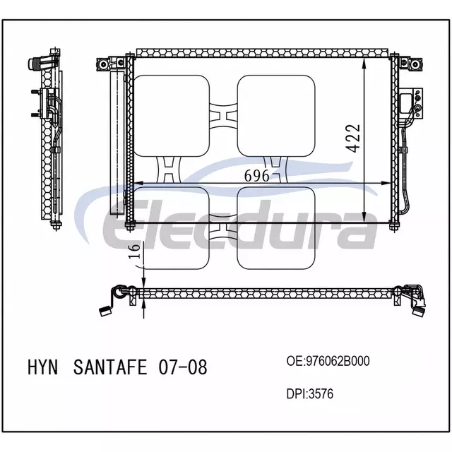 976062B000 Hyundai Santafe 2007–2008 A/C-Kondensatorbaugruppe, 16 mm Kern