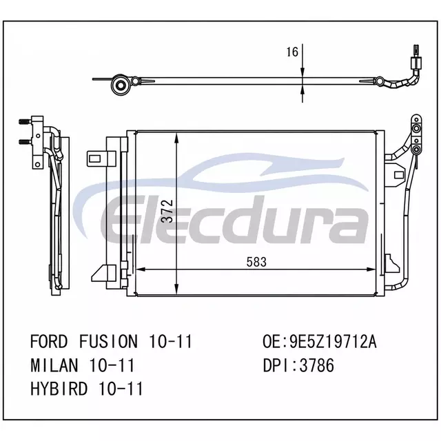 9E5Z19712A Ford Fusion 2010-2011 Конденсатор кондиционера, сердечник 16 мм
