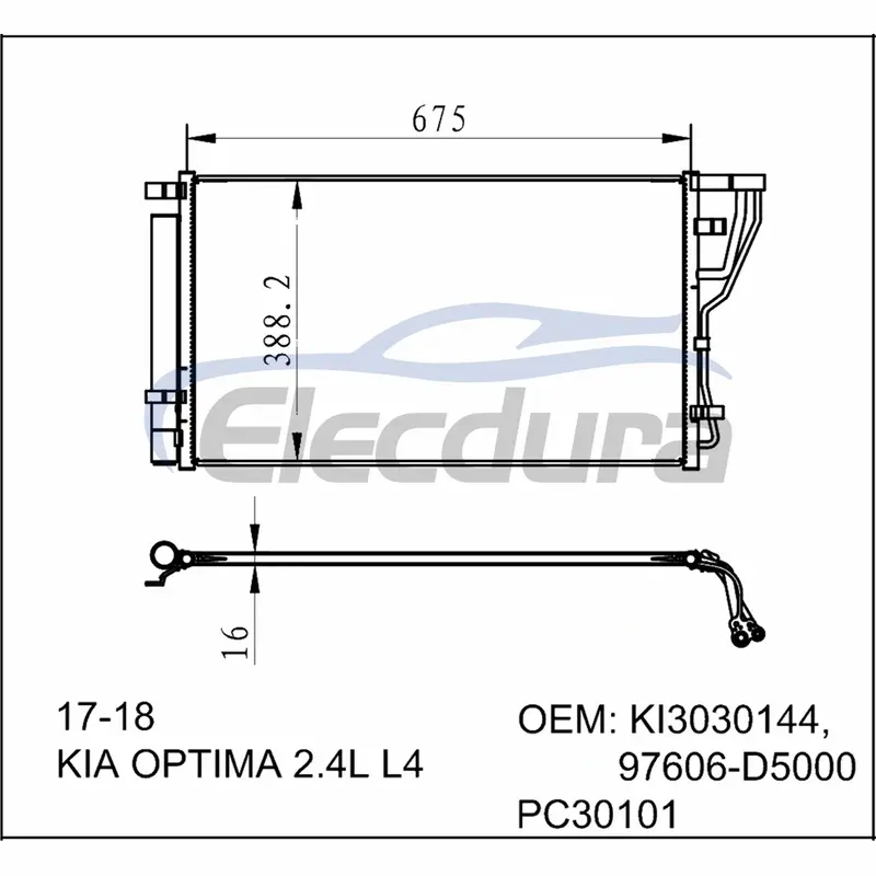 97606-D5000 Kia Optima L4 2017-2018 2.4L / L4 A/Cコンデンサー 16mm コア