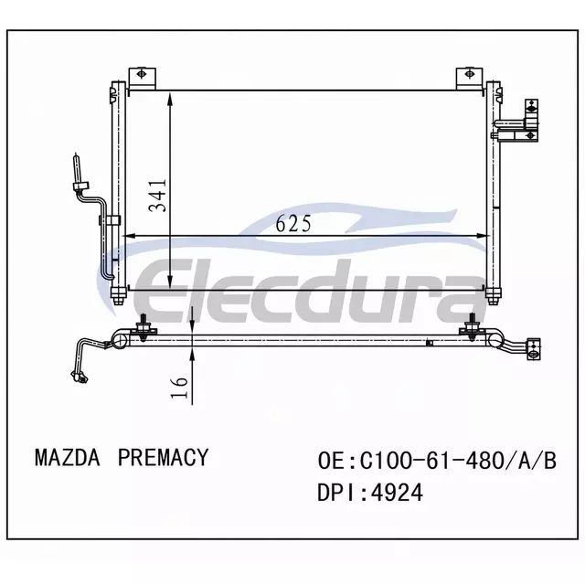 BJ0E61480A Mazda Premacy 1999-2001 A/C kondensator 16 mm kerne